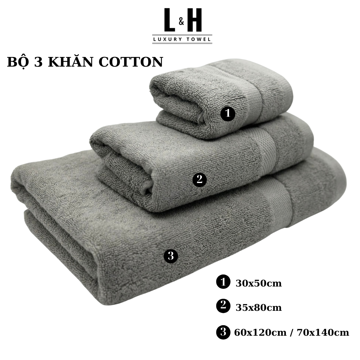 Bộ 3 chiếc Khăn tắm, khăn lau đầu, khăn mặt, kt 30x50cm