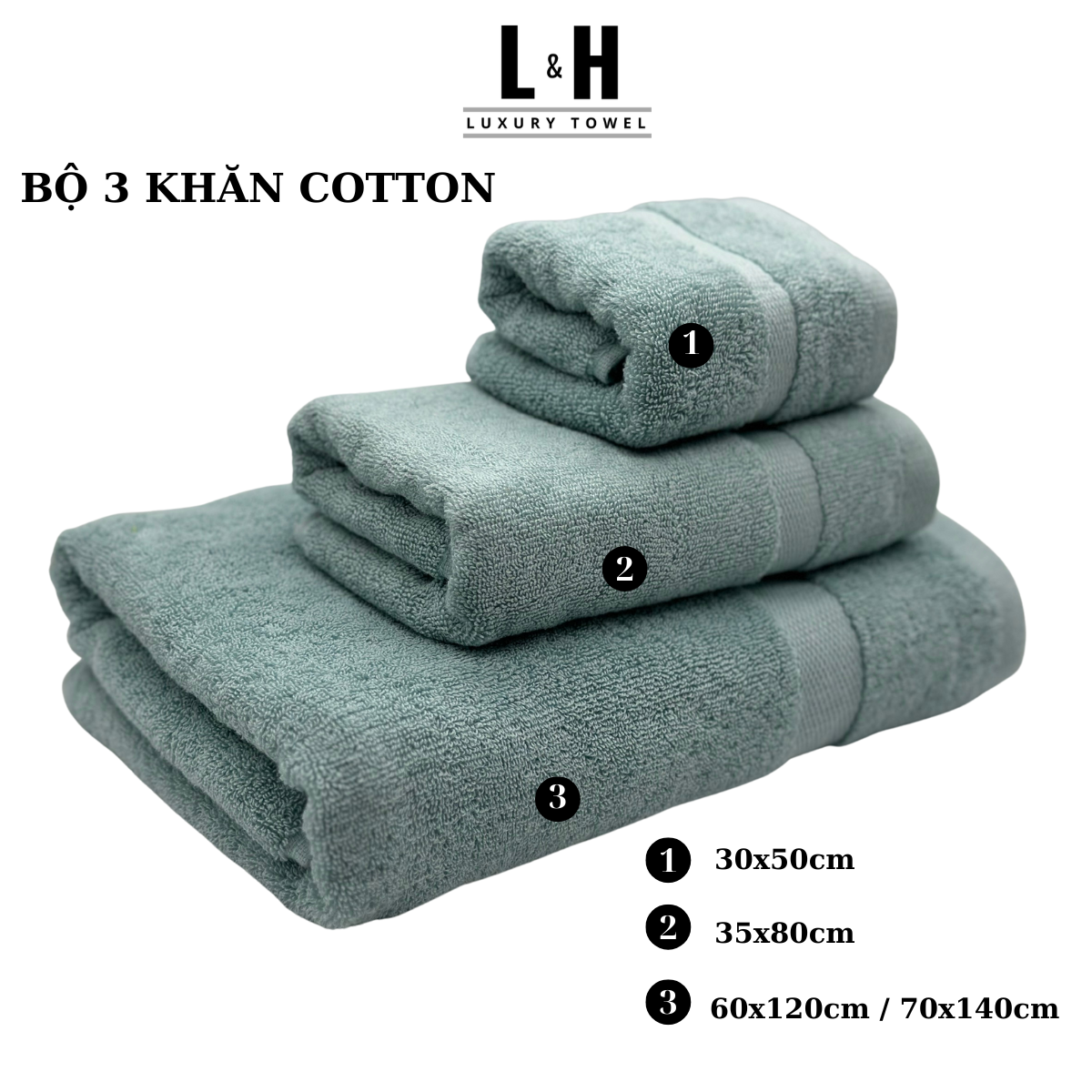 Bộ 3 chiếc Khăn tắm, khăn lau đầu, khăn mặt, kt 30x50cm
